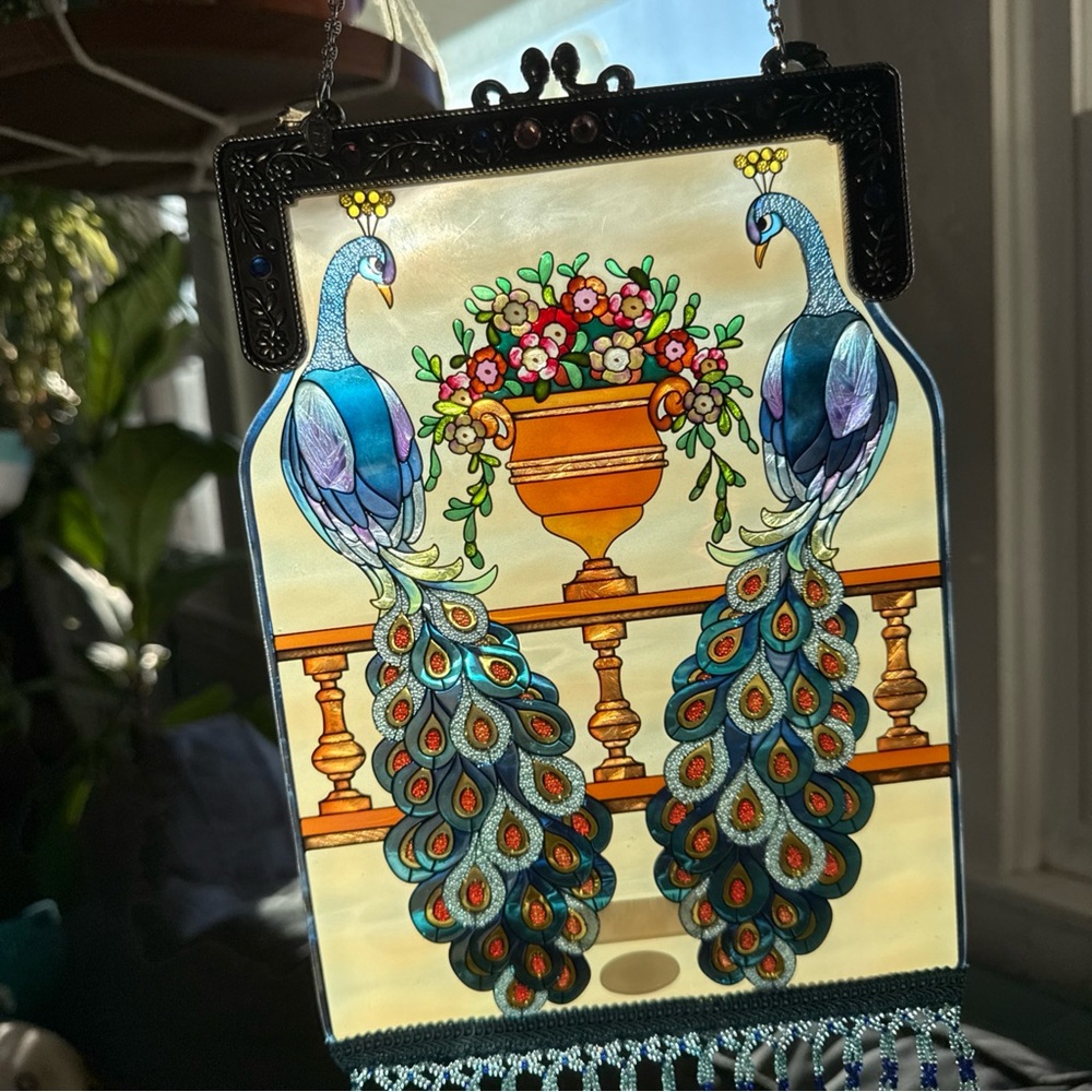 AMIA Stained Glass Peacock Suncatcher Beaded Purse Design Metal Frame Jewels - Picture 3 of 7